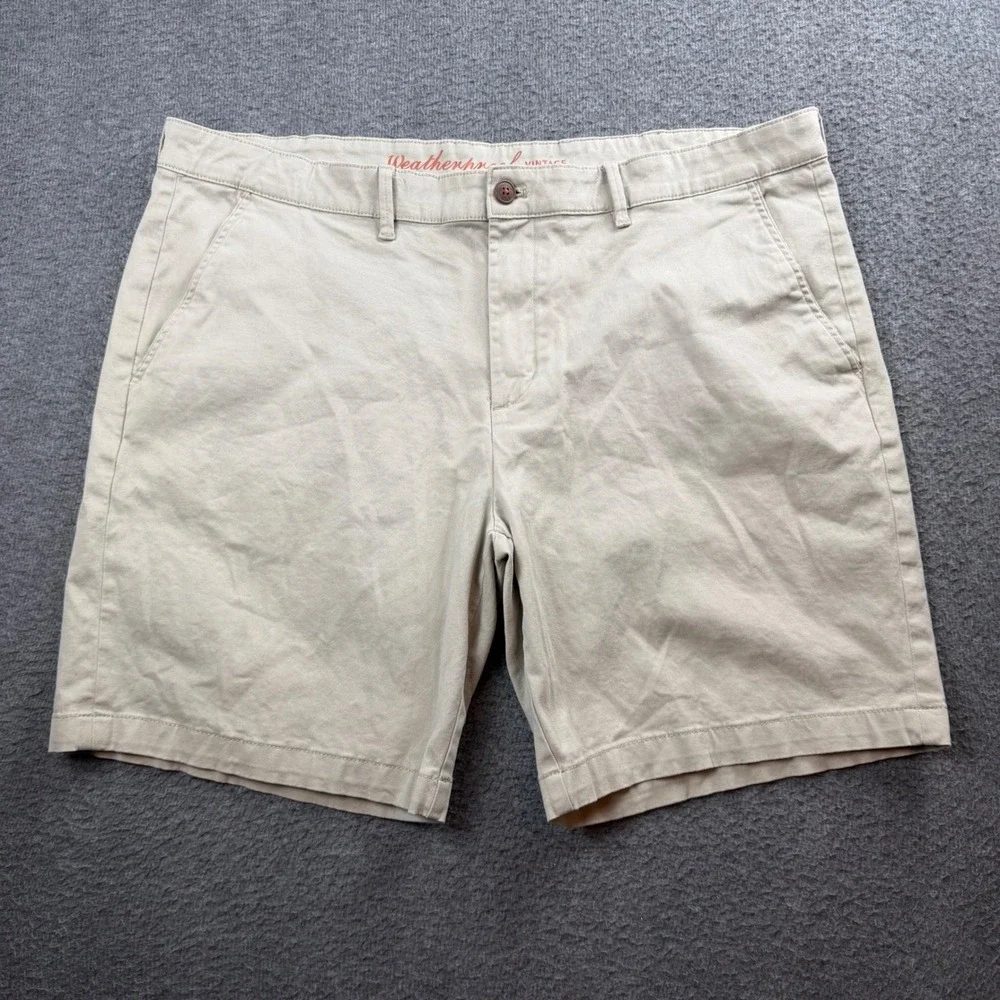 Weatherproof Vintage Chino Shorts Men's 40 Khaki Stretch Cotton Flat Front